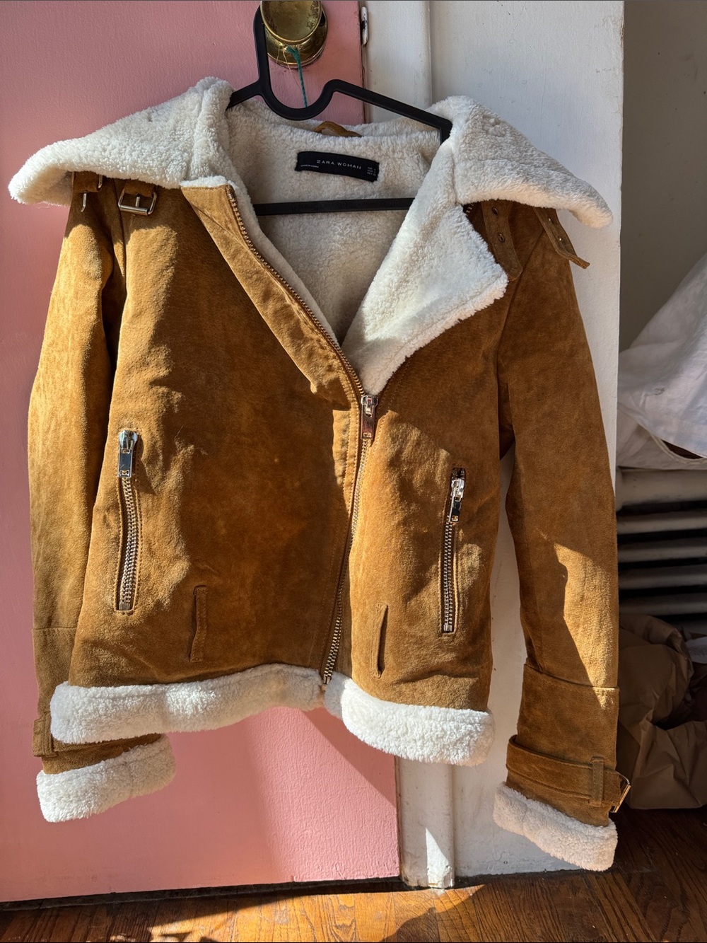 Zara Tan Suede Teddy-Lined Moto Jacket